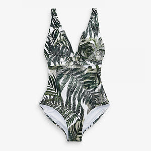 White Palm Leaf Plunge Shape Enhancing Swimsuit - Allsport