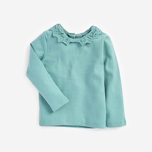 Blue Brushed Broderie Collar Top (3mths-6yrs) - Allsport