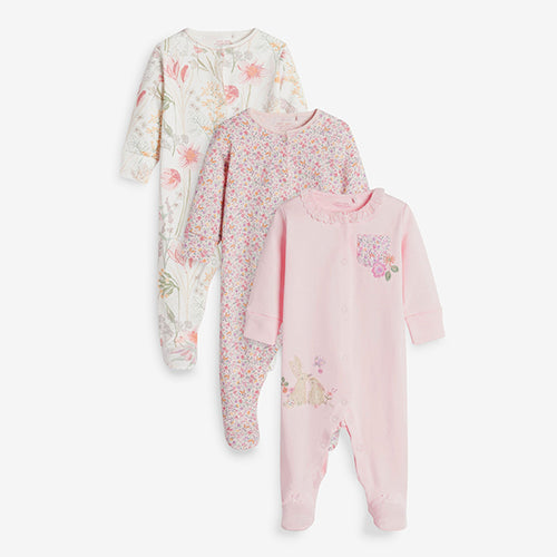 3 Pack Pink Embroidered Detail Baby Sleepsuits (0-18mths) - Allsport