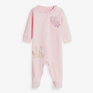 3 Pack Pink Embroidered Detail Baby Sleepsuits (0-18mths) - Allsport