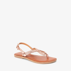 Rose Gold Leather Beaded Toe Thong Sandals (Older Girls) - Allsport