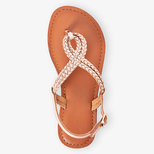 Rose Gold Leather Beaded Toe Thong Sandals (Older Girls) - Allsport