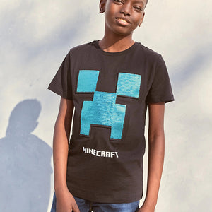 Black Minecraft Flippy Sequin License T-Shirt (3-12yrs) - Allsport