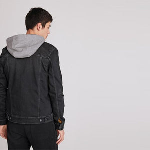 Washed Black Denim Jacket With Removable Jersey Hood - Allsport