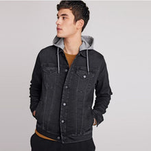 Load image into Gallery viewer, Washed Black Denim Jacket With Removable Jersey Hood - Allsport
