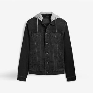 Washed Black Denim Jacket With Removable Jersey Hood - Allsport