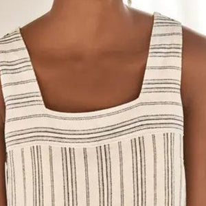 White / Navy stripe Linen Blend Square Neck Dress - Allsport