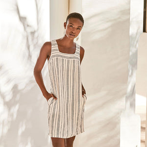 White / Navy stripe Linen Blend Square Neck Dress - Allsport