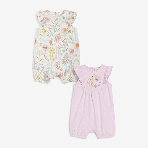 Pink/White 2 Pack Bunny/Floral Rompers (0mths-18mths) - Allsport