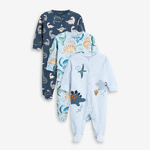Load image into Gallery viewer, 3 Pack Blue Dinosaur Embroidered Baby Sleepsuits (0-18mths) - Allsport
