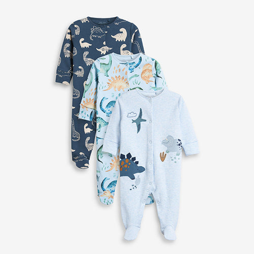 3 Pack Blue Dinosaur Embroidered Baby Sleepsuits (0-18mths) - Allsport