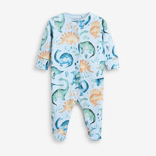 Load image into Gallery viewer, 3 Pack Blue Dinosaur Embroidered Baby Sleepsuits (0-18mths) - Allsport
