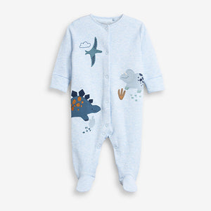 3 Pack Blue Dinosaur Embroidered Baby Sleepsuits (0-18mths) - Allsport