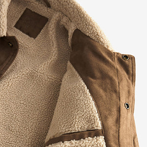 Tan Brown Faux Suede Borg Collared Trucker Jacket