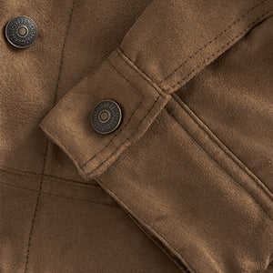 Tan Brown Faux Suede Borg Collared Trucker Jacket