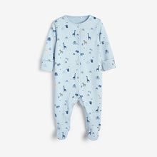 Load image into Gallery viewer, 3 Pack Blue Safari Embroidered Baby Sleepsuits (0-18mths) - Allsport
