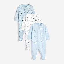 Load image into Gallery viewer, 3 Pack Blue Safari Embroidered Baby Sleepsuits (0-18mths) - Allsport
