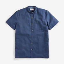 Load image into Gallery viewer, Navy Grandad Collar Regular Fit Linen Blend Short Sleeve Shirt - Allsport
