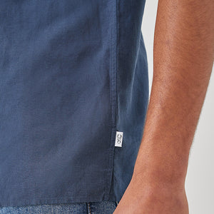 Navy Grandad Collar Regular Fit Linen Blend Short Sleeve Shirt - Allsport