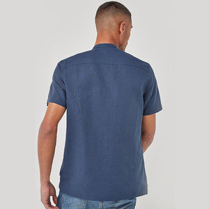 Navy Grandad Collar Regular Fit Linen Blend Short Sleeve Shirt - Allsport