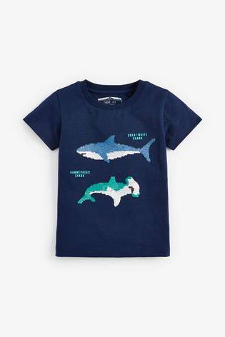 Navy Short Sleeve Sequin Shark T-Shirt - Allsport