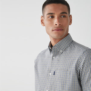 Olive/Navy Gingham Regular Fit Short Sleeve Easy Iron Button Down Oxford Shirt - Allsport