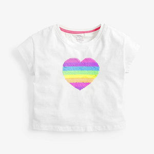 White Flippy Sequin Rainbow Heart T-Shirt (3-12yrs) - Allsport