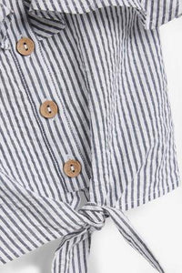 Button Through Tie Front Stripe  Blouse - Allsport