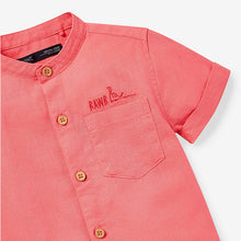 Load image into Gallery viewer, Coral Pink Short Sleeve Mint Green Linen Mix Grandad Collar Shirt (3mths-5yrs) - Allsport
