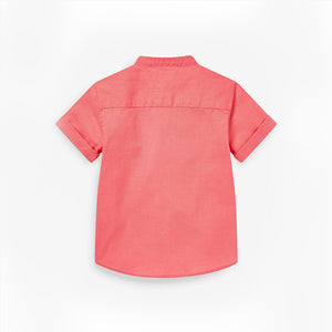 Coral Pink Short Sleeve Mint Green Linen Mix Grandad Collar Shirt (3mths-5yrs) - Allsport