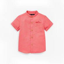 Load image into Gallery viewer, Coral Pink Short Sleeve Mint Green Linen Mix Grandad Collar Shirt (3mths-5yrs) - Allsport
