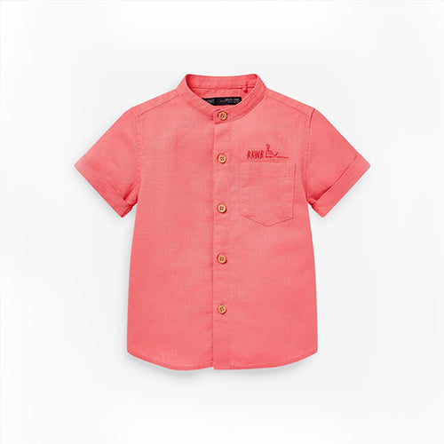Coral Pink Short Sleeve Mint Green Linen Mix Grandad Collar Shirt (3mths-5yrs) - Allsport