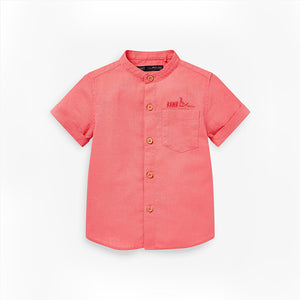 Coral Pink Short Sleeve Mint Green Linen Mix Grandad Collar Shirt (3mths-5yrs) - Allsport