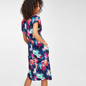 Navy Floral Print Belted Midi Dress - Allsport