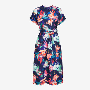 Navy Floral Print Belted Midi Dress - Allsport