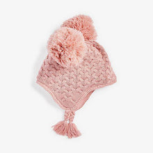 Load image into Gallery viewer, Pink Double Pom Cable Trapper Hat (0mths-18mths) - Allsport
