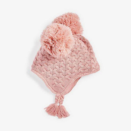 Pink Double Pom Cable Trapper Hat (0mths-18mths) - Allsport