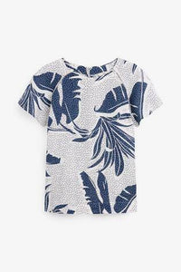 Blue / White Palm Print Short Sleeve Linen Top - Allsport