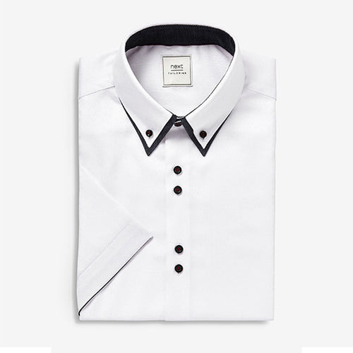 White Jacquard Regular Fit Short Sleeve Double Collar Shirt - Allsport