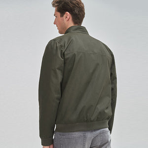 Khaki Green Shower Resistant Harrington Jacket With Check Lining