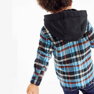 Blue Long Sleeve Hooded Jersey Lined Check Shirt (3mths-6yrs) - Allsport