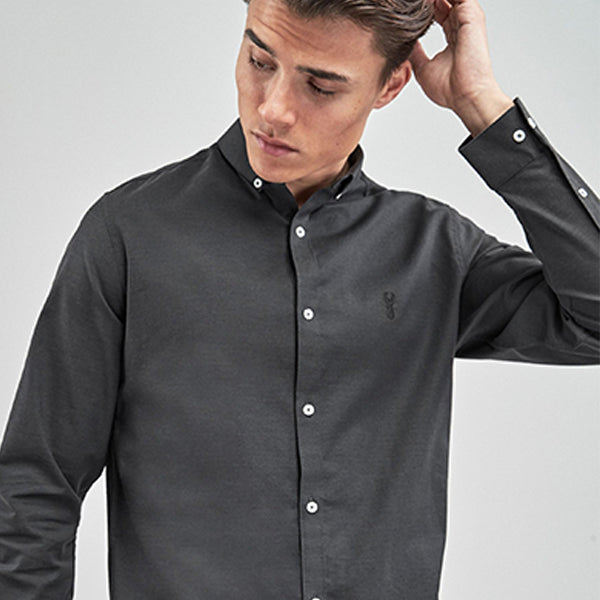 Charcoal Grey Slim Fit Long Sleeve Stretch Oxford Shirt