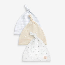 Load image into Gallery viewer, Neutral 3 Pack Tie Top Baby Hats (0mth-3mths)
