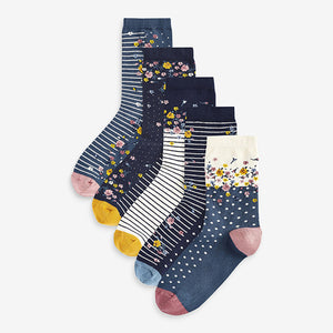Blue Floral Ankle Socks 5 Pack - Allsport