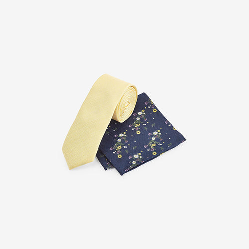 Yellow /Navy Blue Floral Tie And Pocket Square Set - Allsport