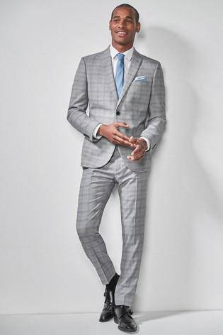 Light Grey / Blue Skinny Fit Check Suit: Jacket - Allsport