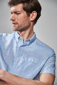 Blue Regular Fit Linen Blend Short Sleeve Shirt - Allsport