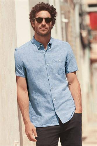 BLUE Linen Blend Short Sleeve Shirt - Allsport