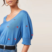Load image into Gallery viewer, Blue Strawberry V-Neck Short Sleeve Top
