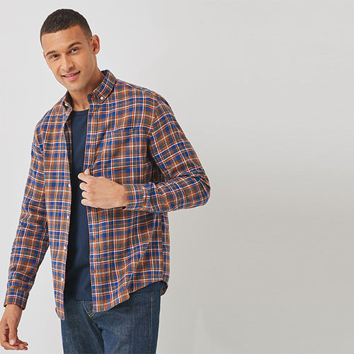 Brown Brushed Flannel Check Long Sleeve Shirt - Allsport